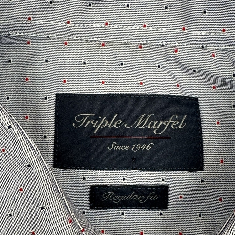 Triple Marfel Button Up Shirt Mens 41/L Gray Stitched Polka Dots Red Blue Cotton - Picture 2 of 13